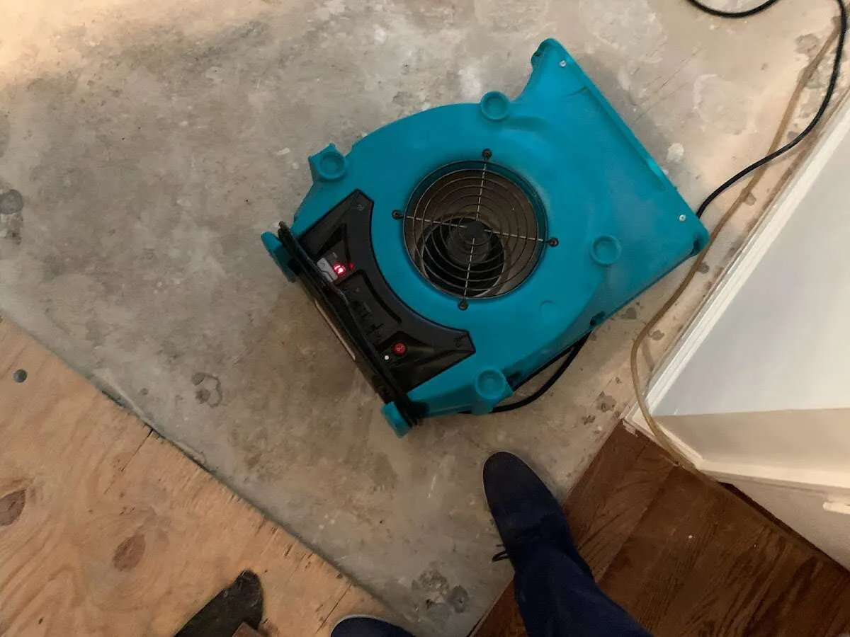 Air mover drying subfloor during Leak Detection & Repair in Mankato